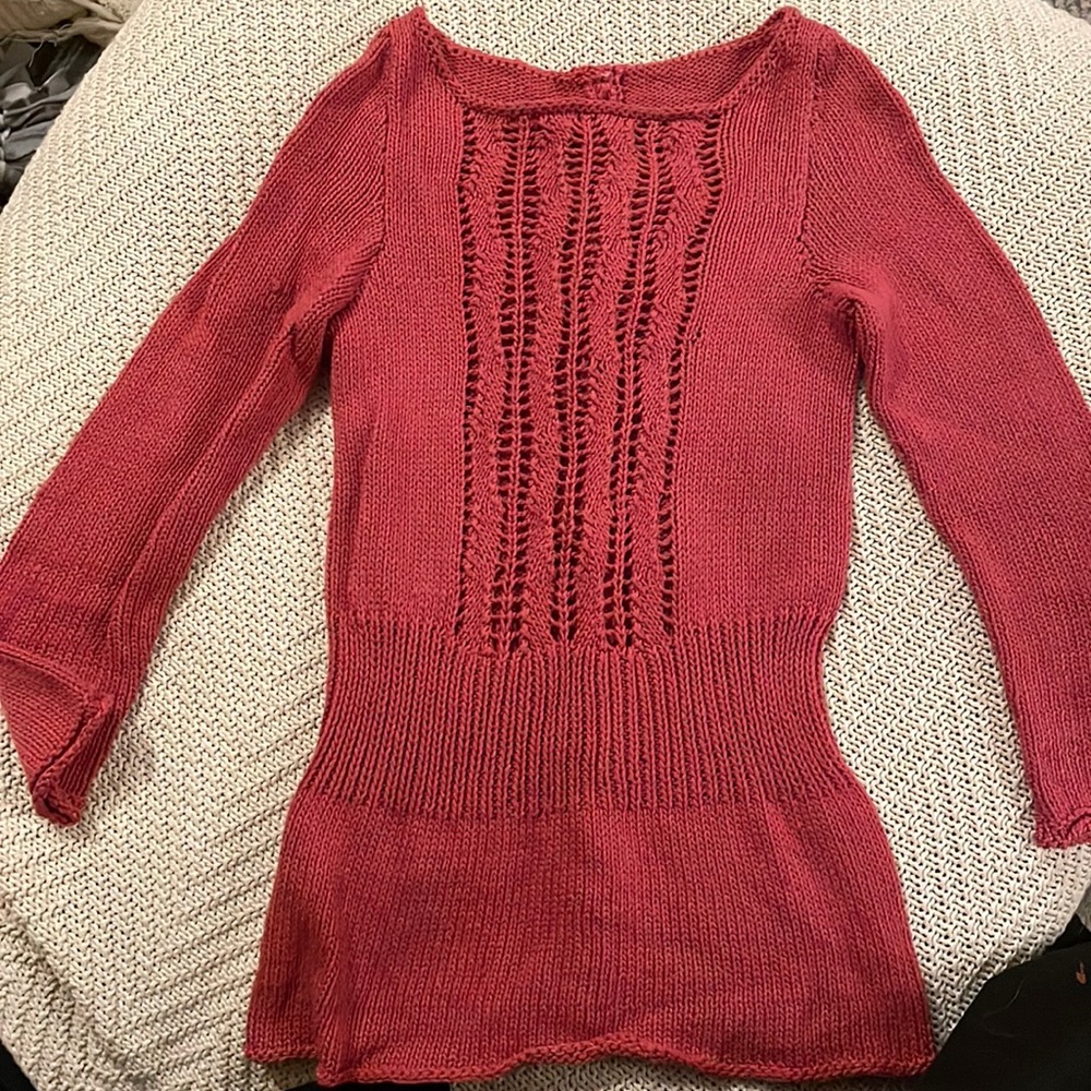 Handknit cotton sweater with lace panel